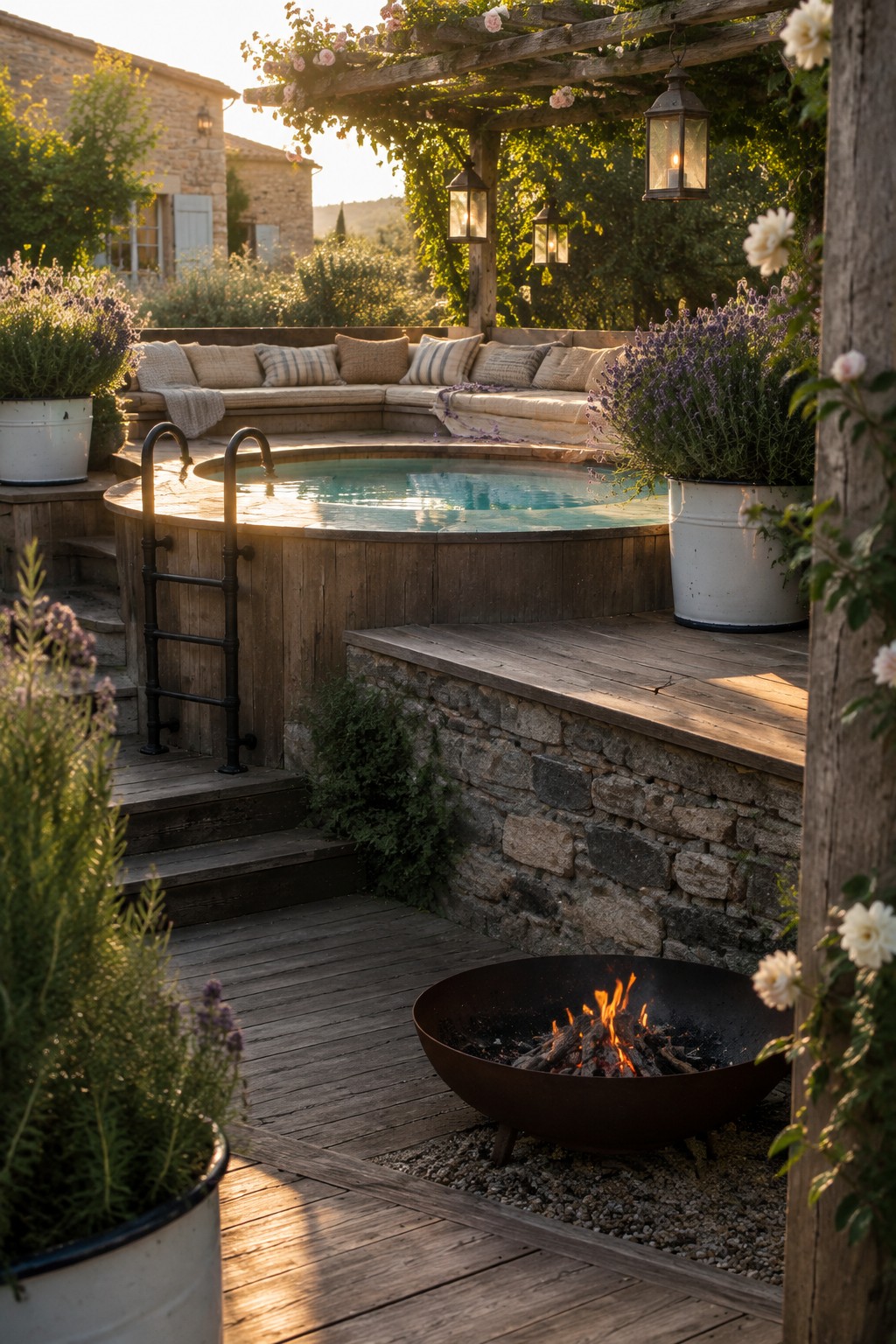 16 Practical Above-Ground Plunge Pool Ideas With Integrated Decks Rustic wooden hot tub on deck with fire pit, hanging lanterns, and lavender at sunset
