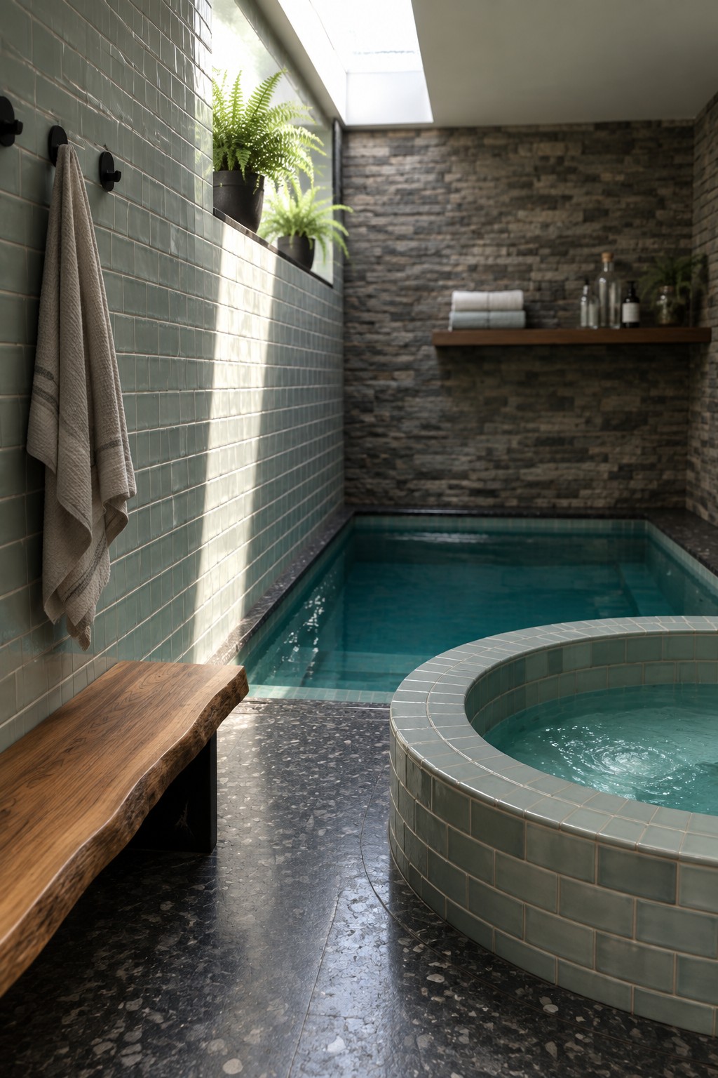 An indoor pool room with a rectangular pool, a round hot tub in the foreground, a live-edge wooden bench against a green tiled wall, and potted plants on a ledge.