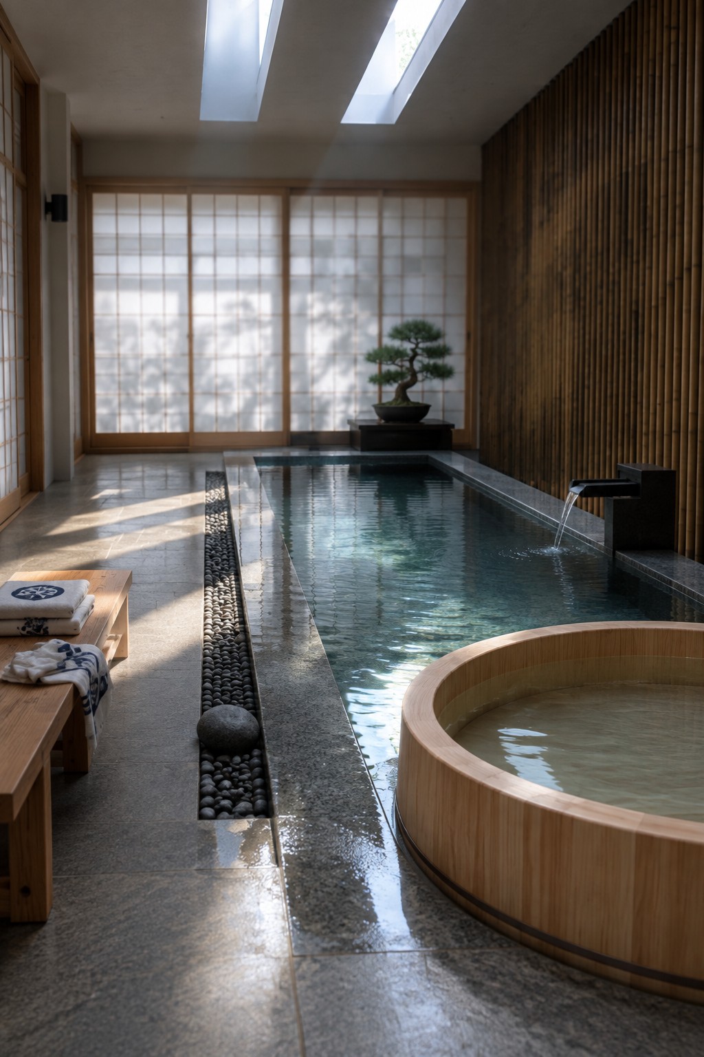 An indoor lap pool runs alongside a round wooden soaking tub in a room with stone floors, shoji screens, and skylights overhead.