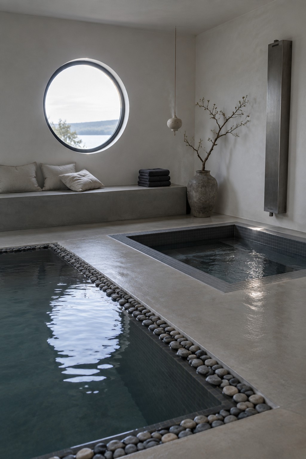 A minimalist concrete indoor pool area with a large circular window overlooking water, a built-in bench with cushions, stacked towels, a ceramic vase with branches, and two pools edged with pebbles.