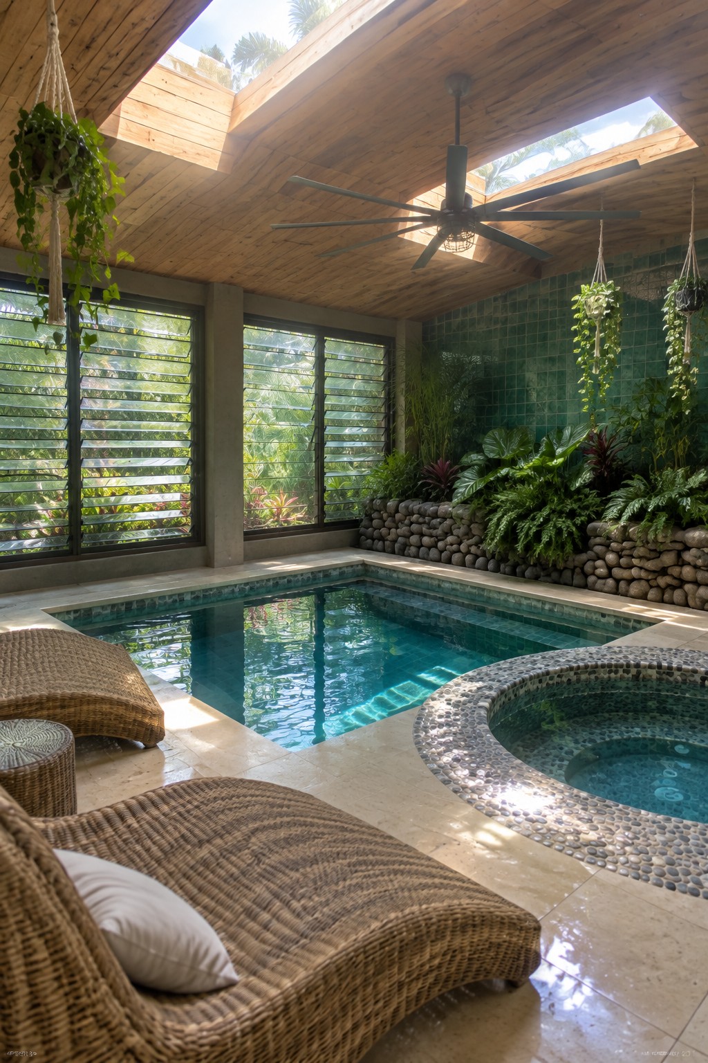 An indoor pool with a round hot tub beside it, wicker lounge chairs in the foreground, hanging plants, green tiled walls, and skylights in a wood ceiling.