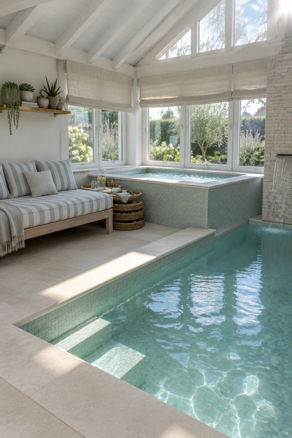 Luxurious indoor pool with turquoise mosaic tiles, striped daybed, and waterfall feature.