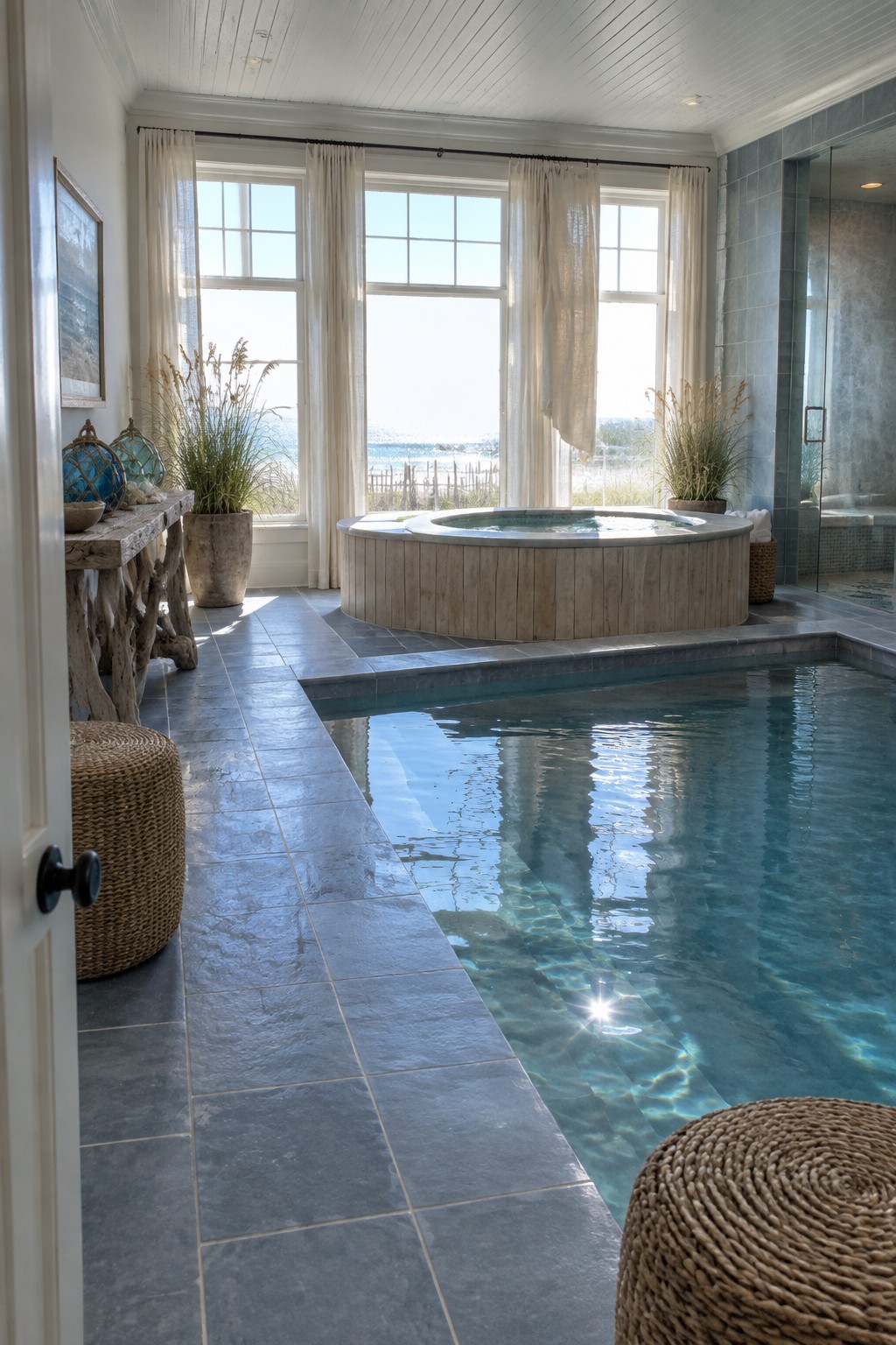 Luxury indoor pool with round wooden hot tub, large ocean-view windows, and gray tiles.