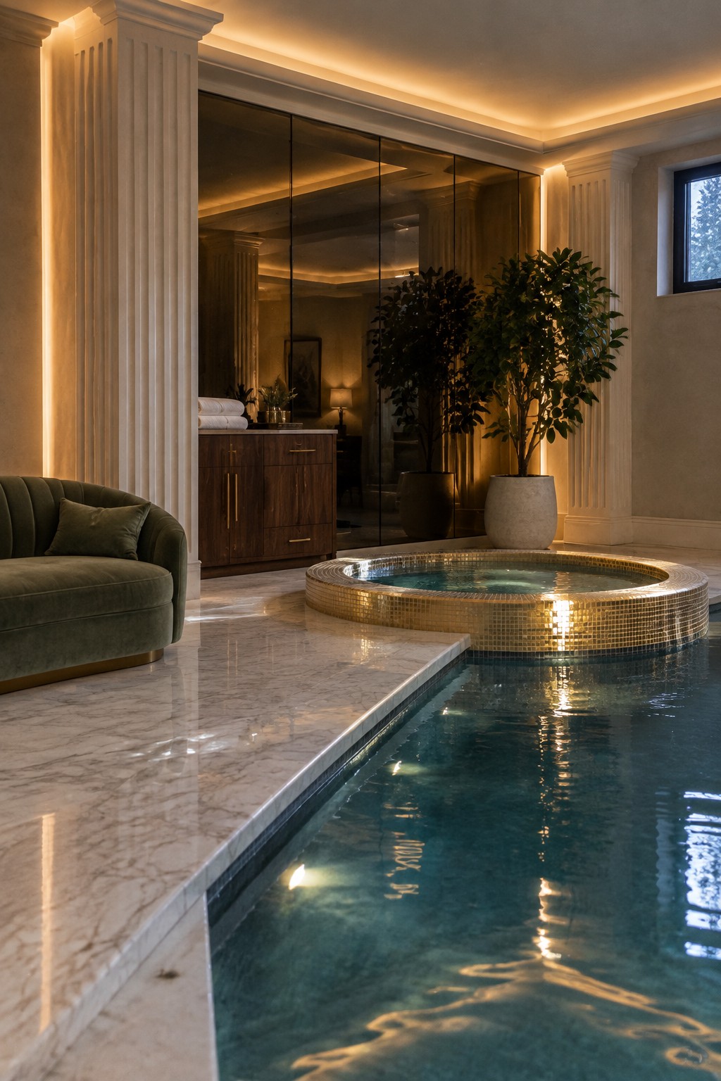 An indoor pool area with a raised circular hot tub edged in gold mosaic tile, set on a polished marble floor beside a green curved sofa and tall columns.