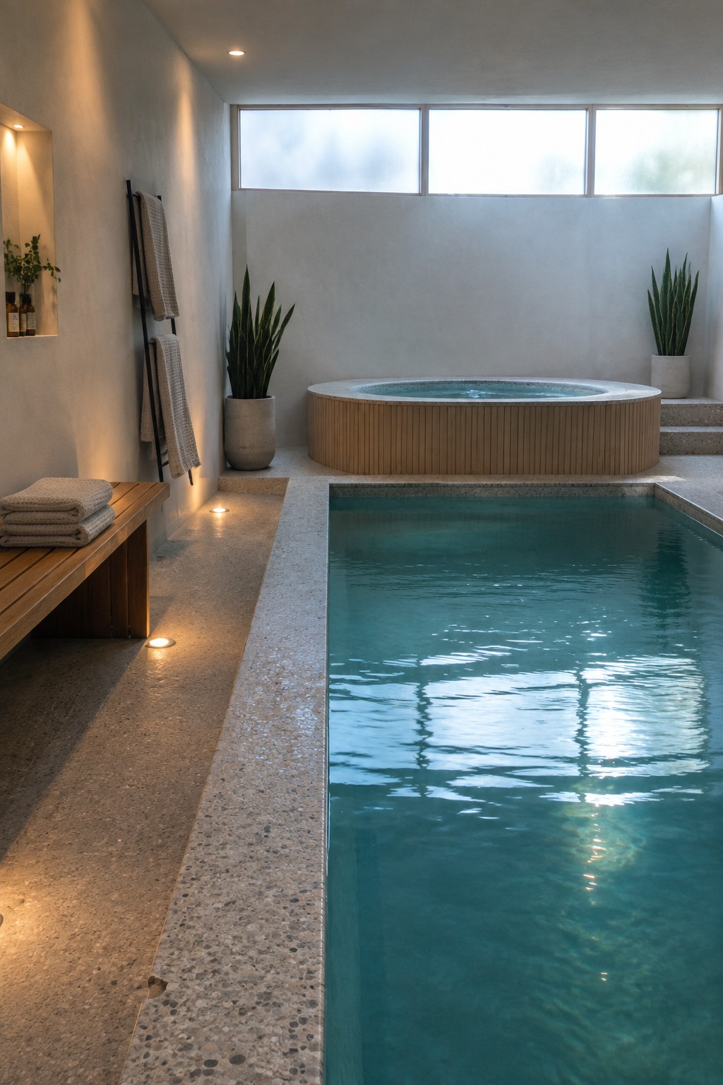 An indoor pool with a raised circular hot tub clad in vertical wood slats, set against concrete walls and large windows.