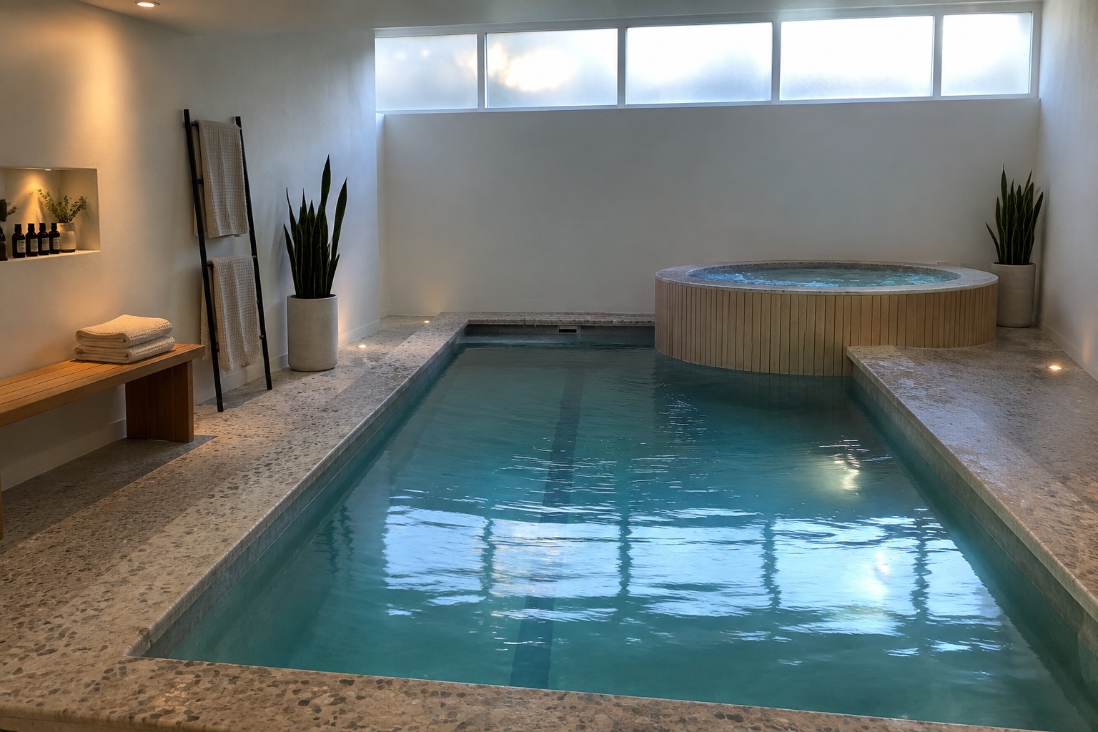 An indoor pool with a raised circular hot tub clad in vertical wood slats, set against concrete walls and large windows.
