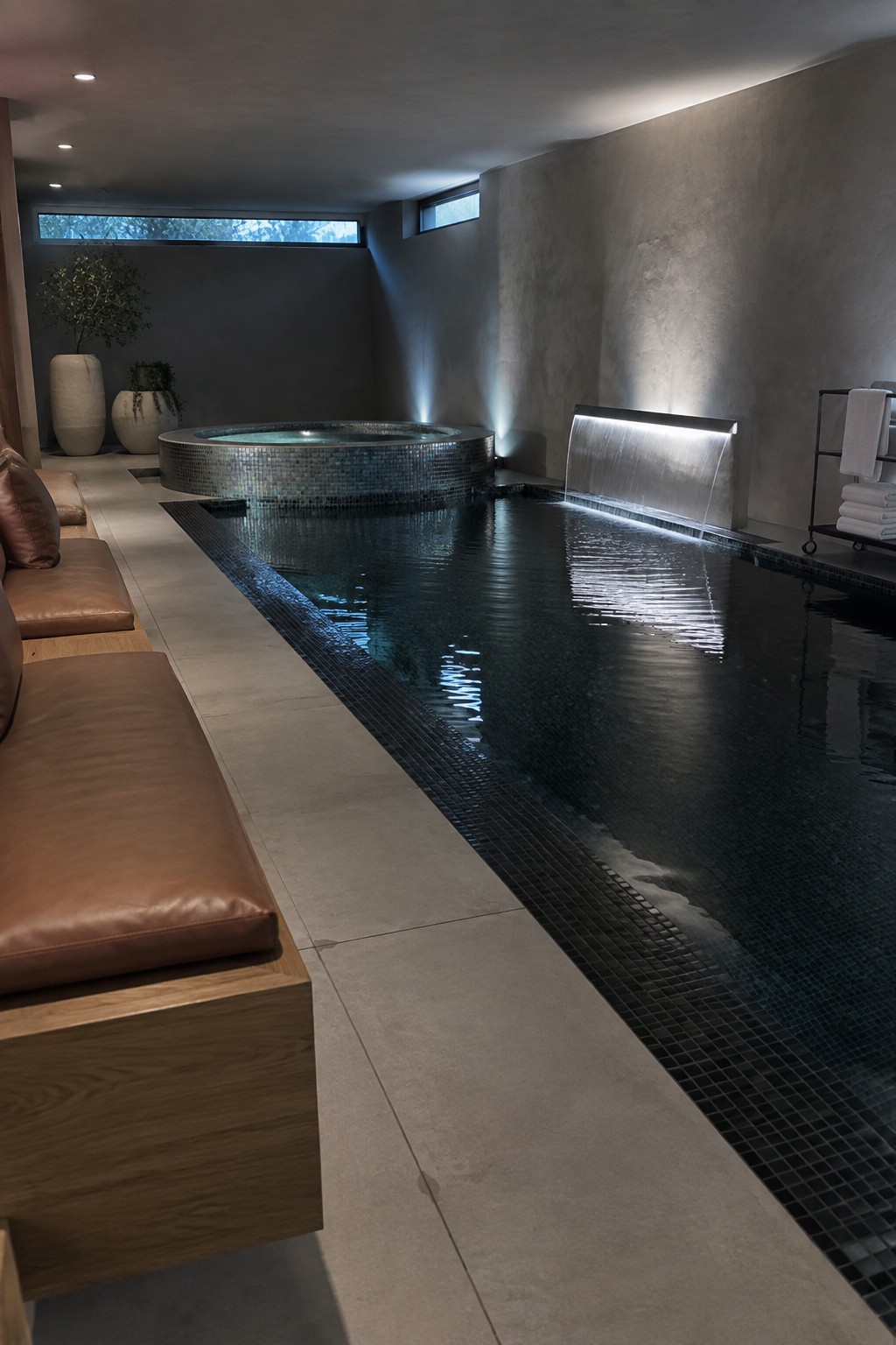 An indoor pool area shows a long rectangular pool with dark tile borders next to a round mosaic hot tub, brown leather seating on a wooden bench along the left side, and a wall-mounted water feature on the right.