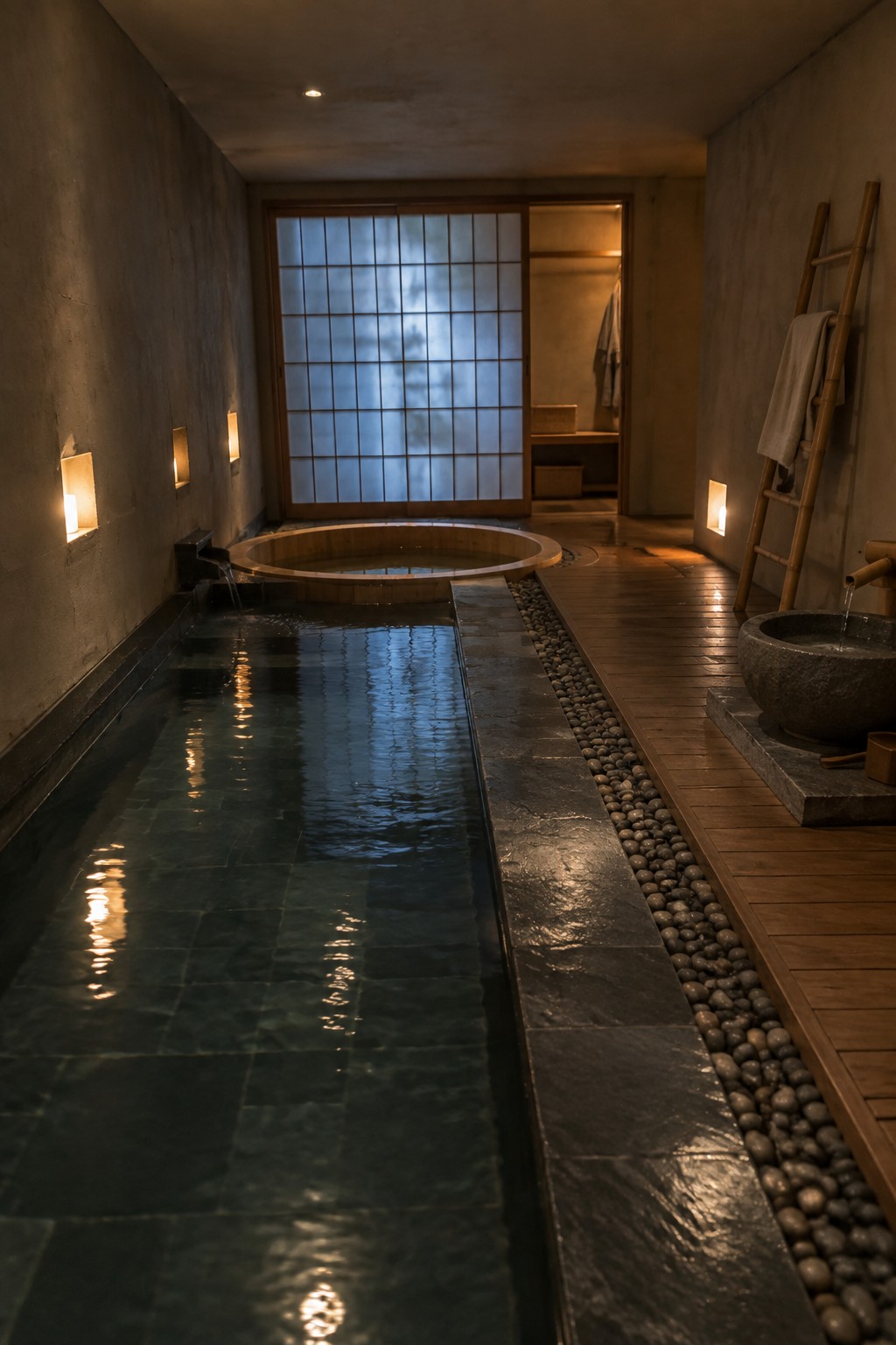 An indoor Japanese-style bath space with a long rectangular tiled pool, a round wooden hot tub, stone walls, shoji screens, and a pebble-lined walkway.