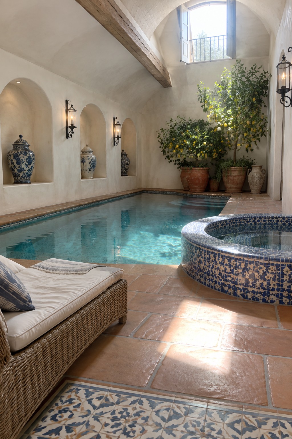 An indoor pool area with a rectangular pool and round hot tub on terracotta tiles, blue patterned tile borders, arched wall niches holding blue and white pottery, potted lemon trees, and a lounge chair in the foreground.