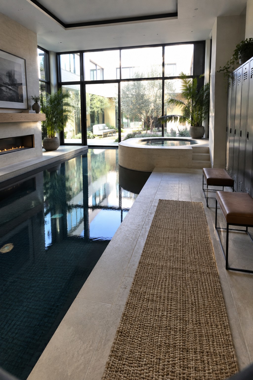 An indoor pool area with a long rectangular pool on the left and a raised circular hot tub on the right, surrounded by large windows, a fireplace, and metal lockers.