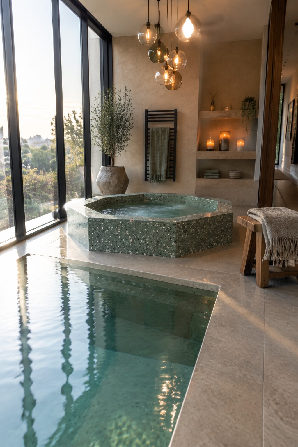 An indoor space with a large rectangular pool in the foreground and a hexagonal hot tub set against the back wall, next to tall windows and hanging glass pendant lights.