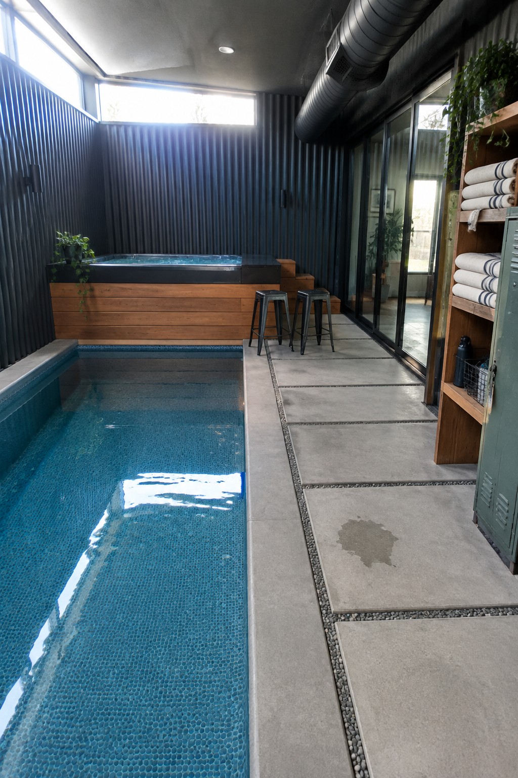 Blue mosaic tiled indoor pool beside wooden hot tub in industrial space