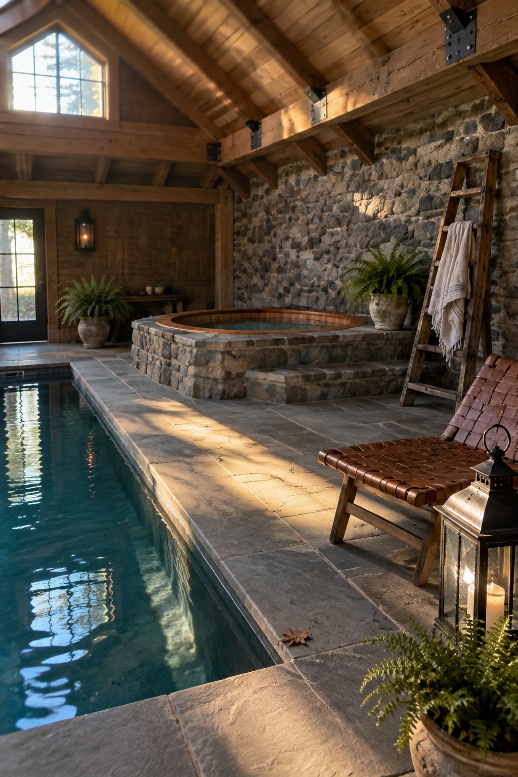 Sunlit indoor pool with stone hot tub, wooden lounge chair, and lantern