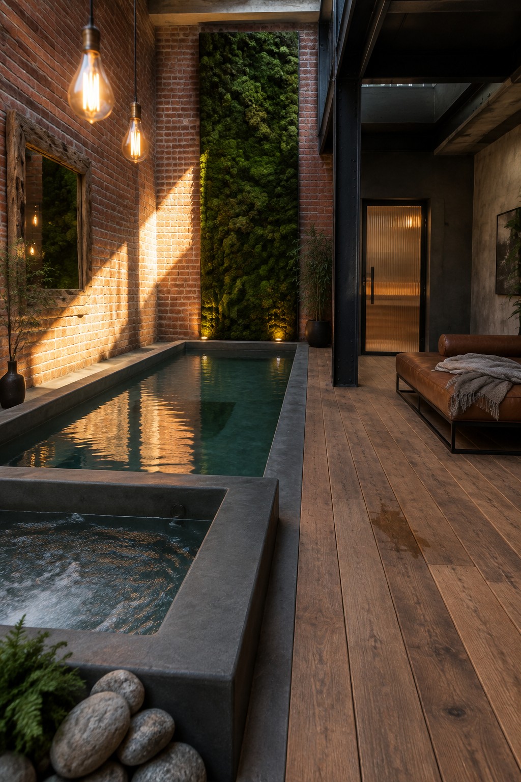 Lap pool and hot tub in brick room with green wall, wooden floor, hanging lights.