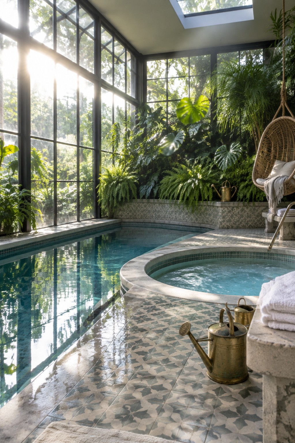An indoor pool and round hot tub in a bright room with large windows and a dense wall of tropical plants behind the water.