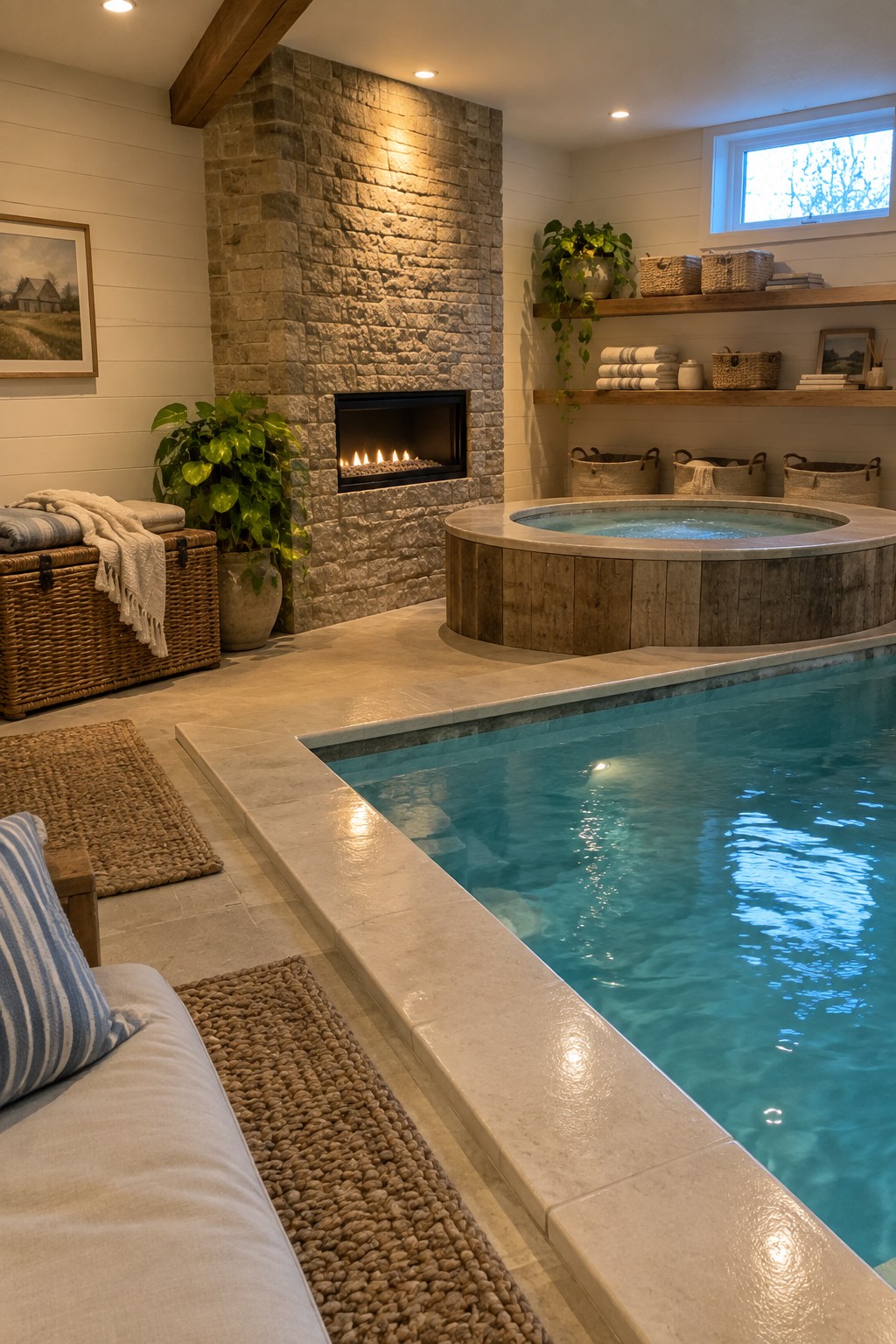 An indoor pool area with a round hot tub, a stone fireplace, and a large swimming pool surrounded by wood and stone finishes.