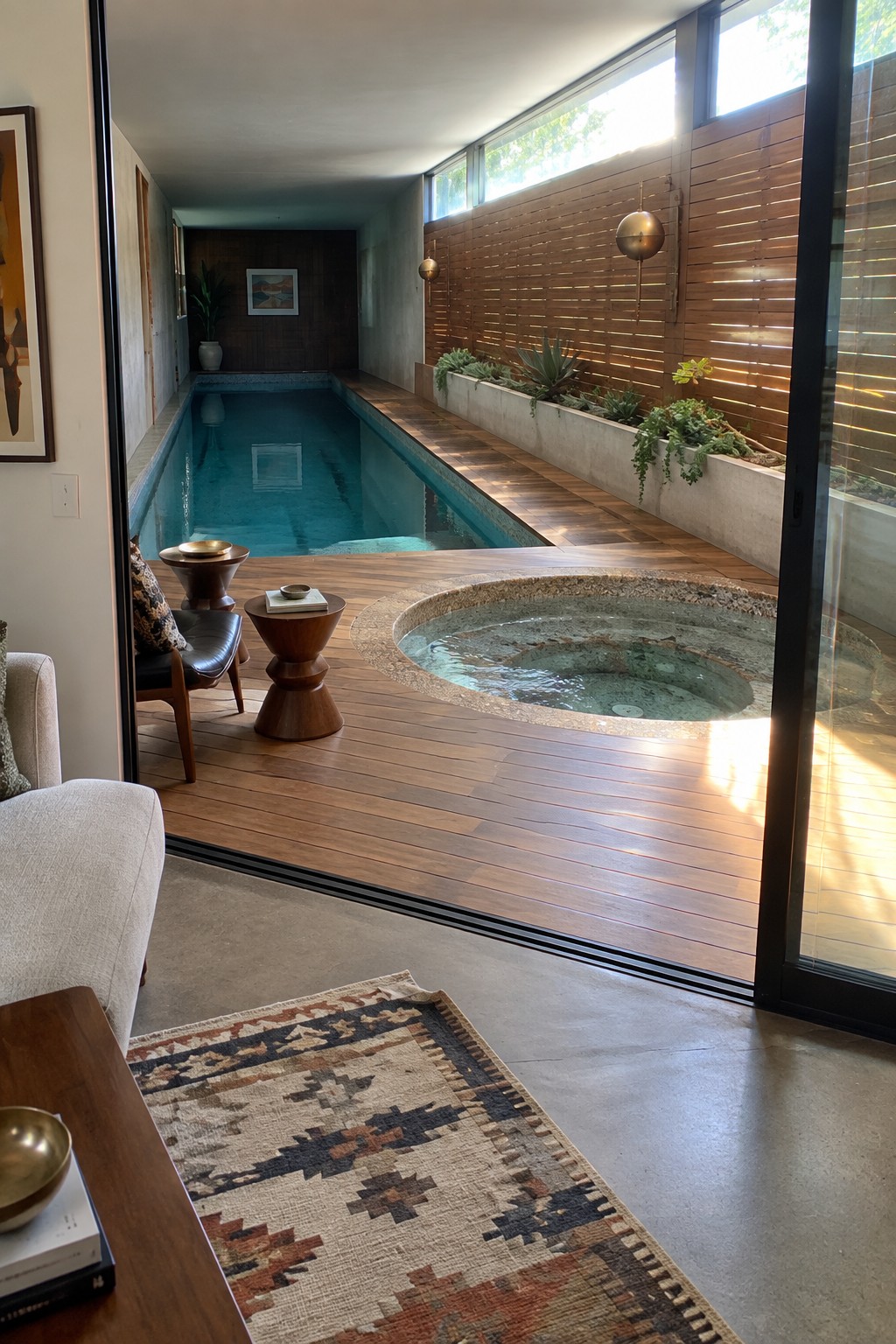 Modern interior with indoor pool, circular hot tub, wooden deck, and large windows