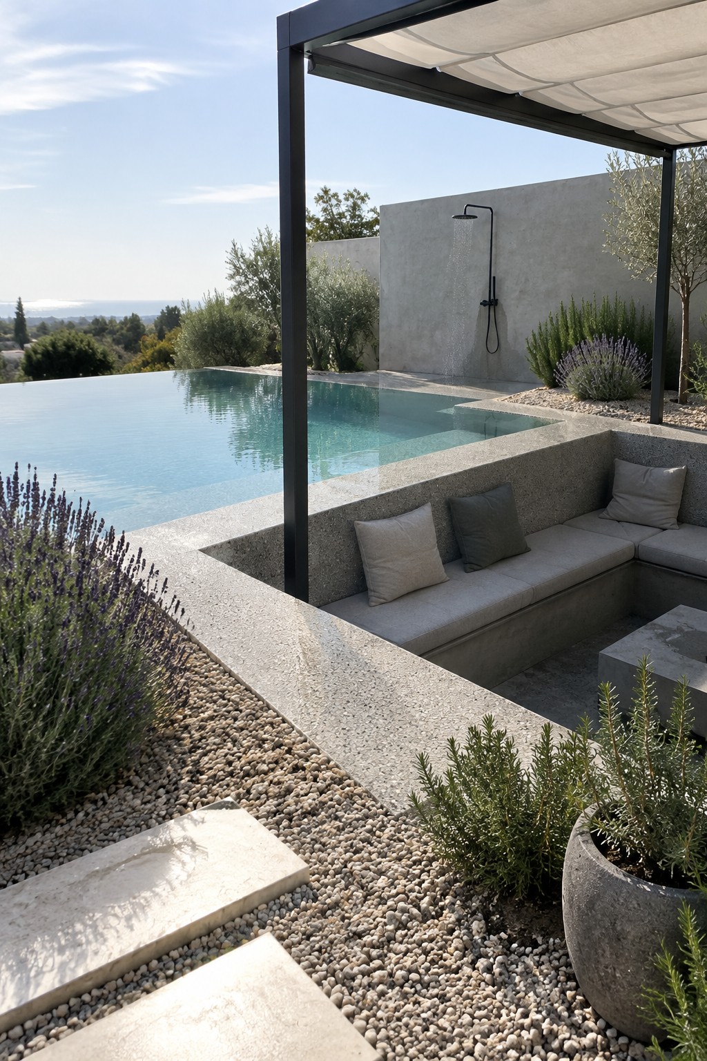 Modern infinity pool with built-in concrete bench seating, outdoor shower on a concrete wall, gravel ground cover, and lavender plants beside a black metal pergola.