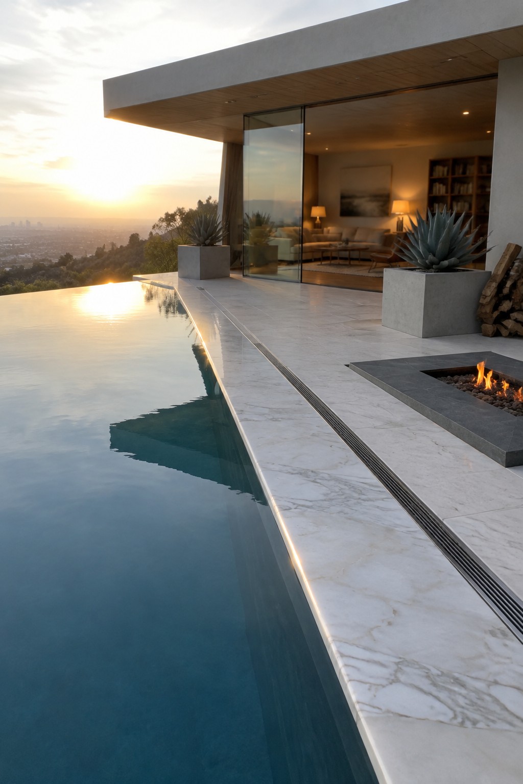 Modern infinity pool on marble deck with fire pit, plants, and sunset city view