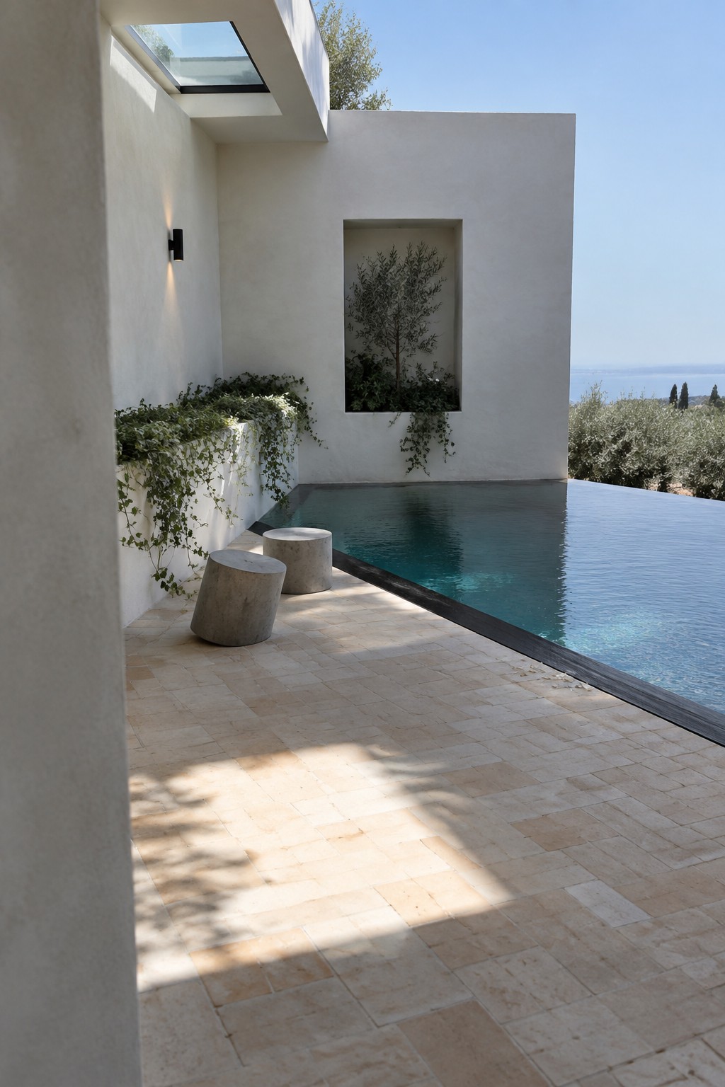 An infinity pool with dark coping along the edge sits next to a light stone tiled patio with two concrete stools, white walls, recessed planting niches, and a sea view beyond.