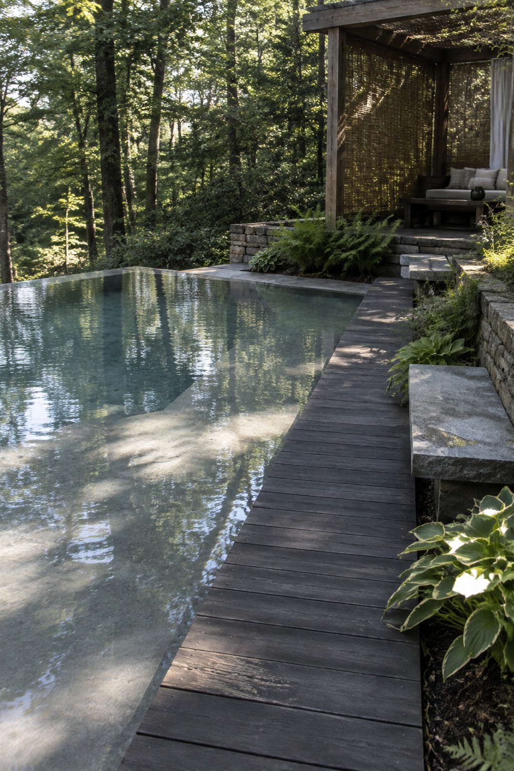 Narrow lap pool with dark wooden deck, stone bench and forest pavilion seating