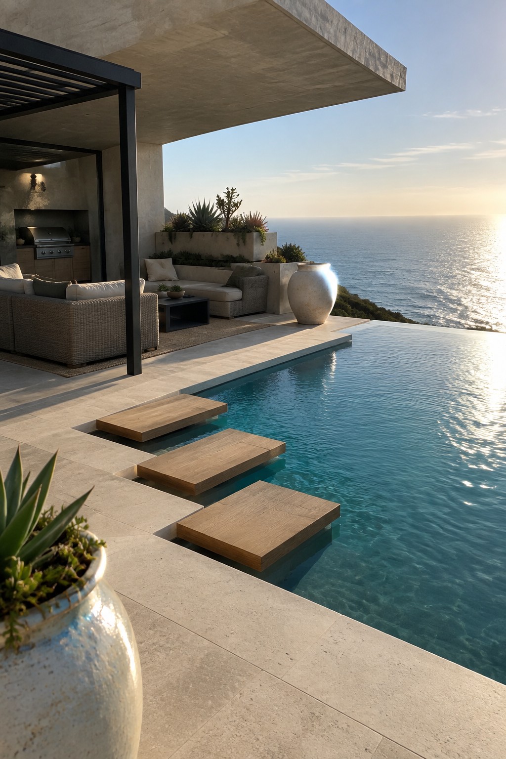 Modern infinity pool with three floating wooden platforms leading into the water, concrete patio, outdoor seating area, and ocean view beyond.