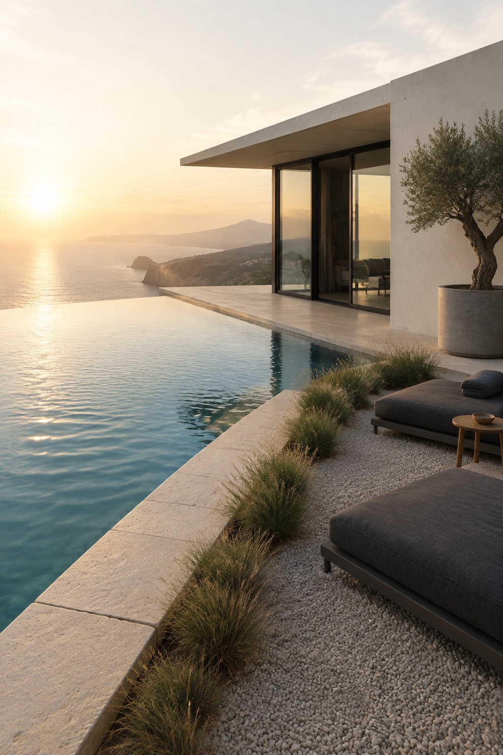 A modern minimalist house with an infinity pool at sunset, dark lounge chairs on gravel, and low grasses along the pool edge overlooking the sea.