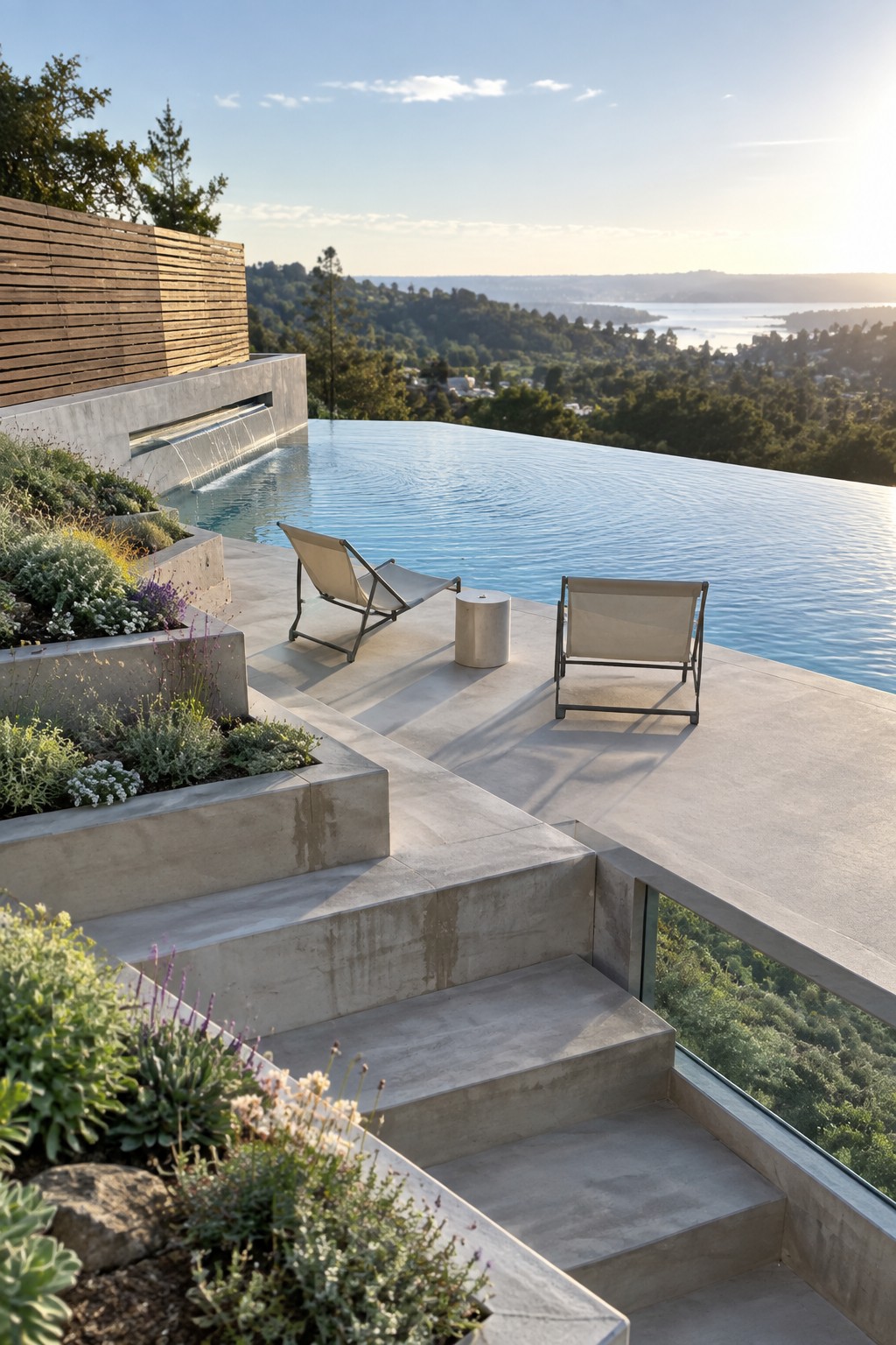 Infinity pool terrace with lounge chairs overlooking hills and bay at sunset