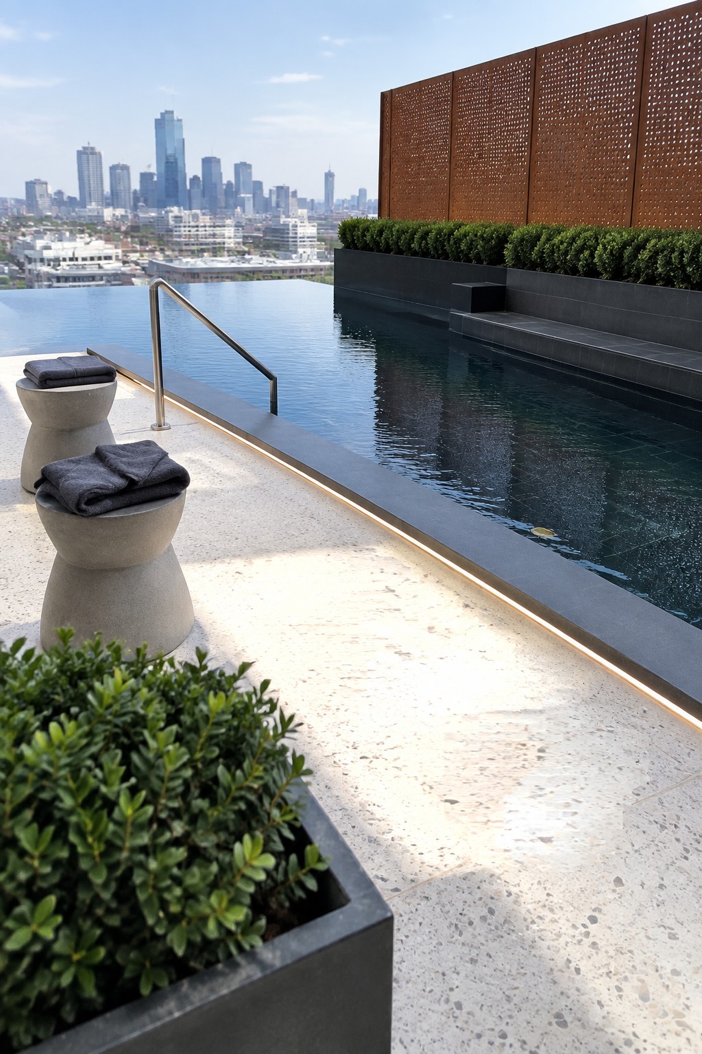 Rooftop infinity pool with dark tiled edge, integrated linear lighting, concrete stools holding folded towels, metal handrail, and perforated rusted metal screen behind planters.