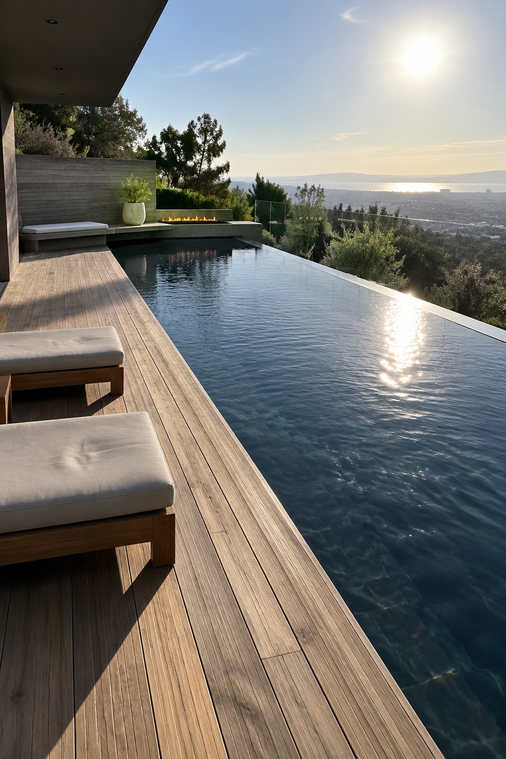 A long rectangular infinity pool with a glass edge sits next to a wide wooden deck holding two light-colored lounge chairs, with a built-in fire pit and distant city and water views in the background.