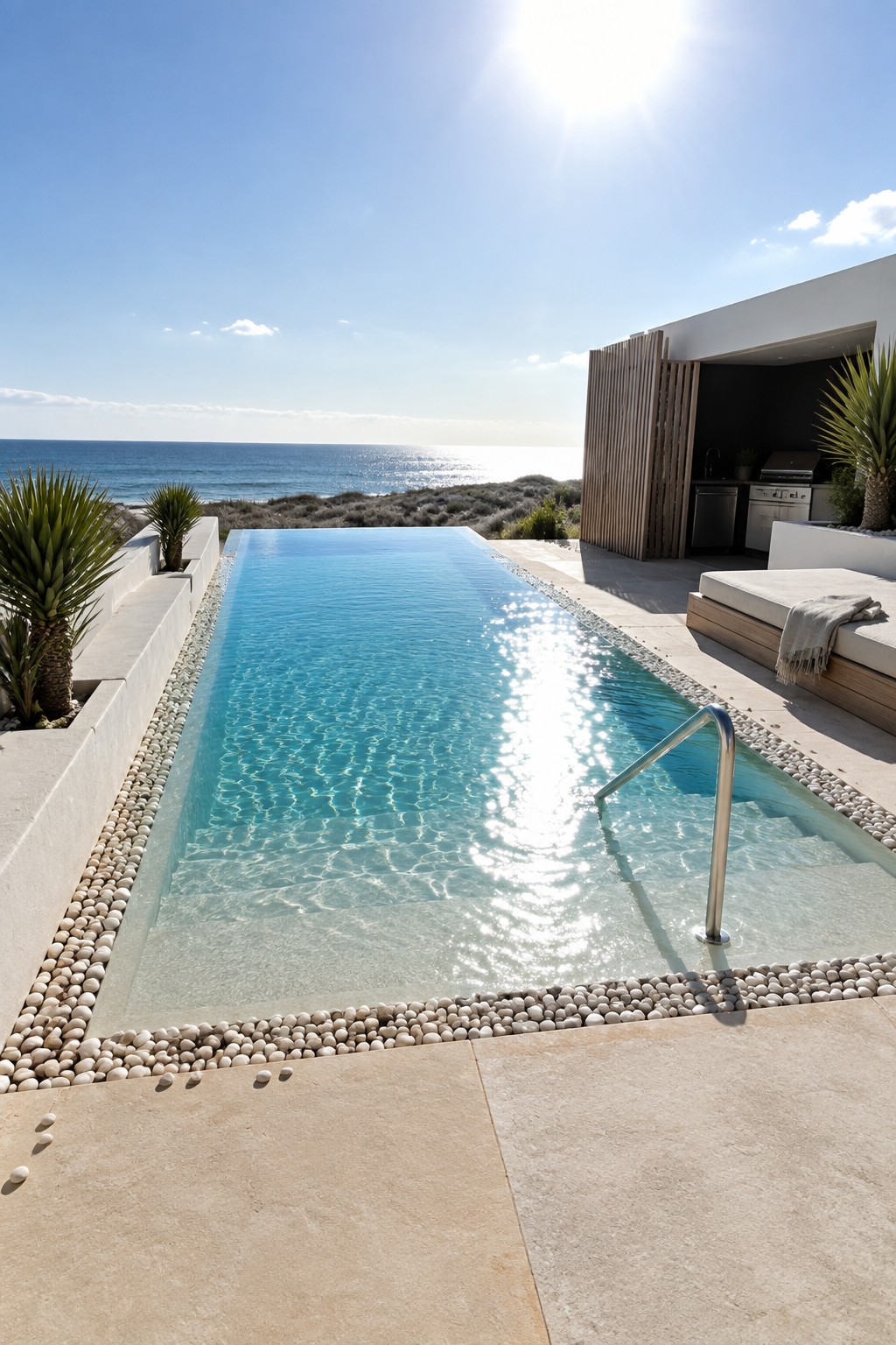 A rectangular infinity pool with clear turquoise water on a light stone patio, bordered by white pebbles, with steps and a metal handrail on the right side, an outdoor kitchen with wood screen in the background, and the ocean visible beyond.