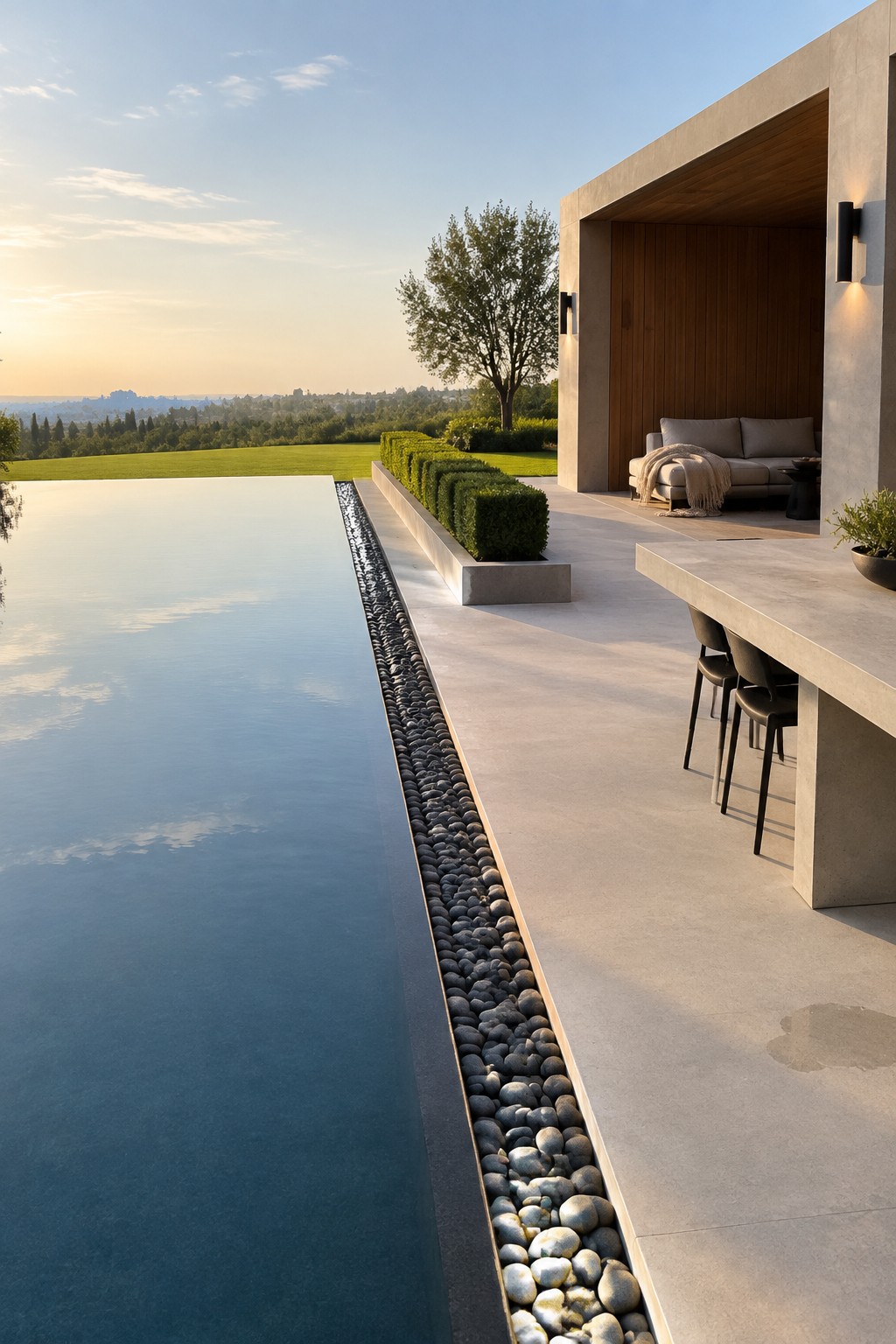 A long modern infinity pool with a narrow channel of dark pebbles along one edge borders a light concrete patio that includes an outdoor dining table and a covered seating area with gray cushions.