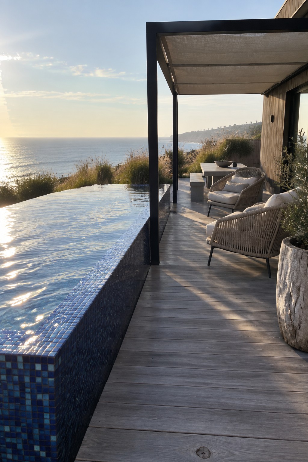 Modern deck with infinity pool, woven chairs, and ocean sunset view.