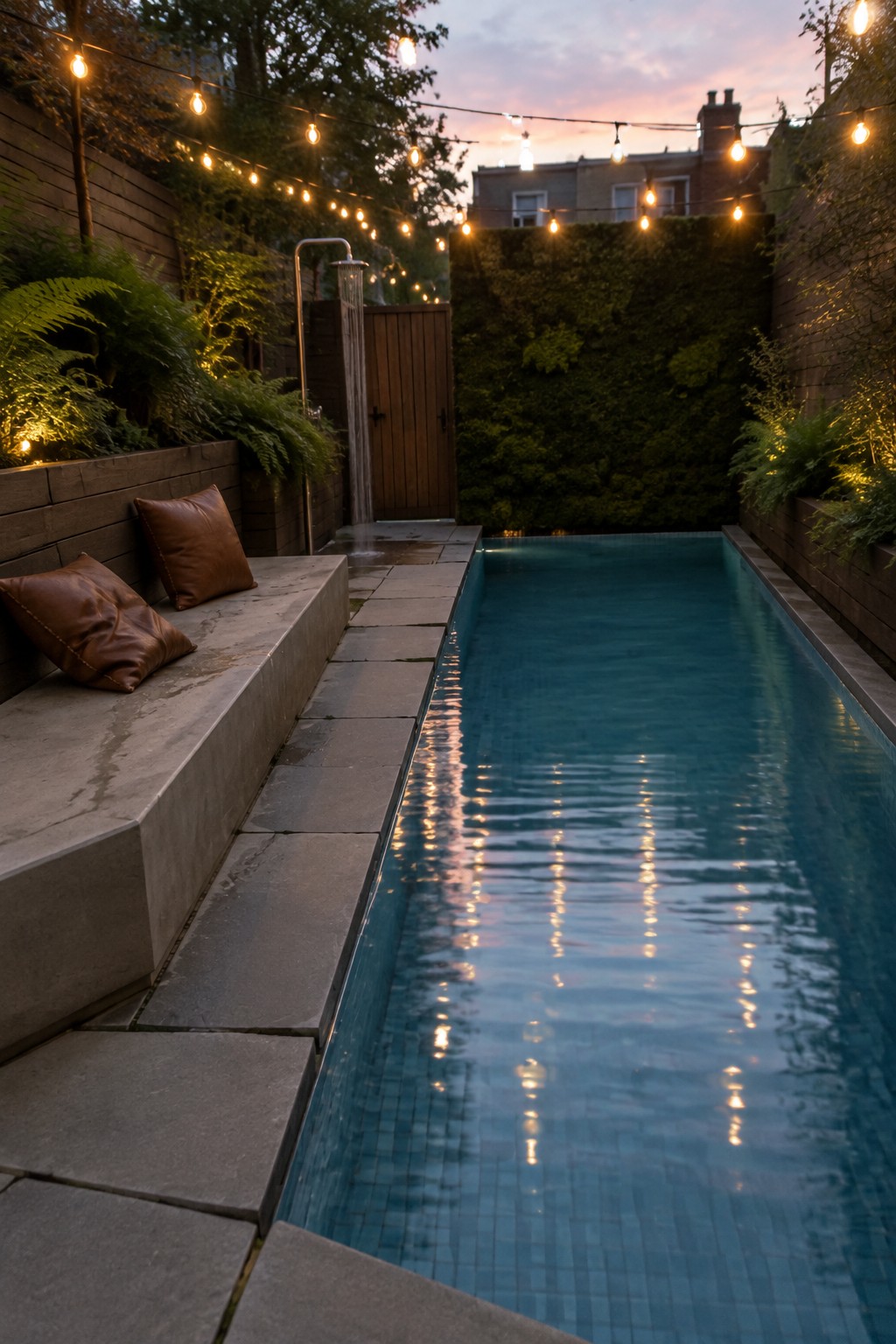16 Smart Infinity Pool Designs for Narrow Yards Narrow blue pool with string lights reflecting on water, outdoor shower, and lush greenery at dusk.
