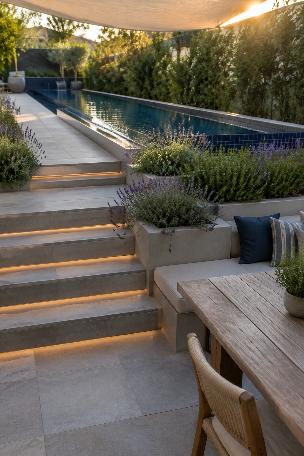 16 Smart Infinity Pool Designs for Narrow Yards Modern patio with pool, glowing concrete steps, lavender planters, and wooden dining table.