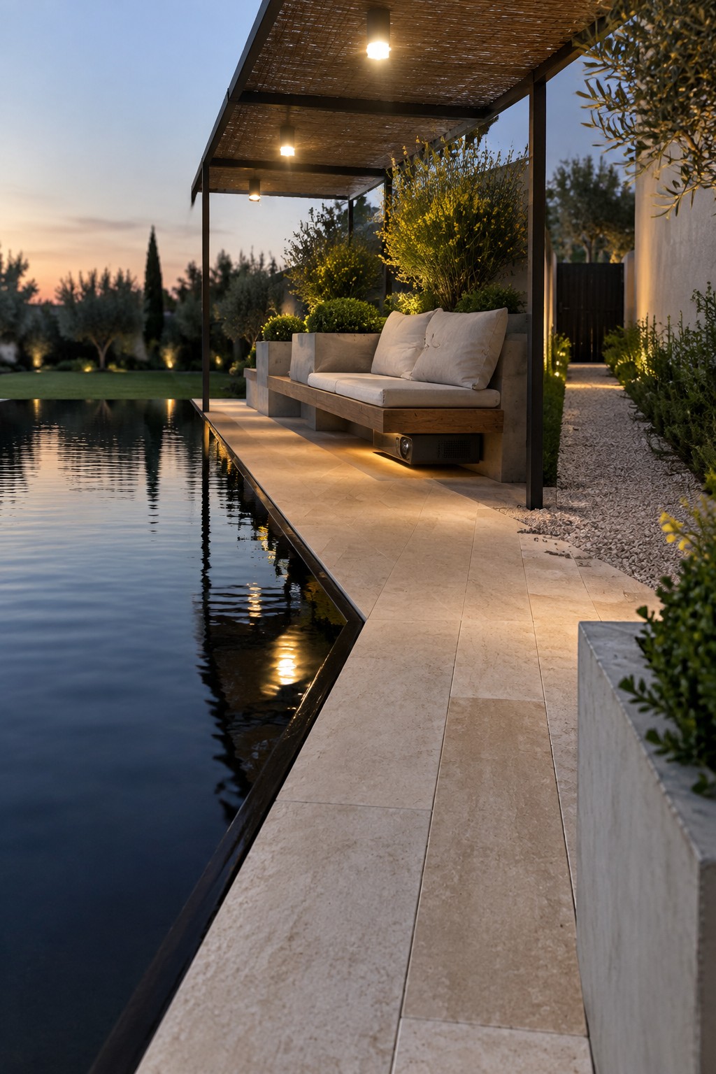 16 Smart Infinity Pool Designs for Narrow Yards A narrow infinity pool with a paved edge, built-in wooden bench with light cushions under a pergola, and surrounding shrubs at dusk.