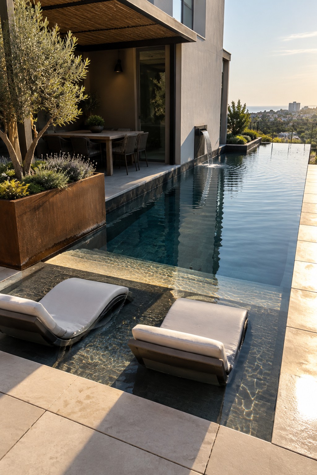 16 Smart Infinity Pool Designs for Narrow Yards A long narrow infinity pool with two lounge chairs placed in shallow water at the near end, next to a modern house with a waterfall feature.