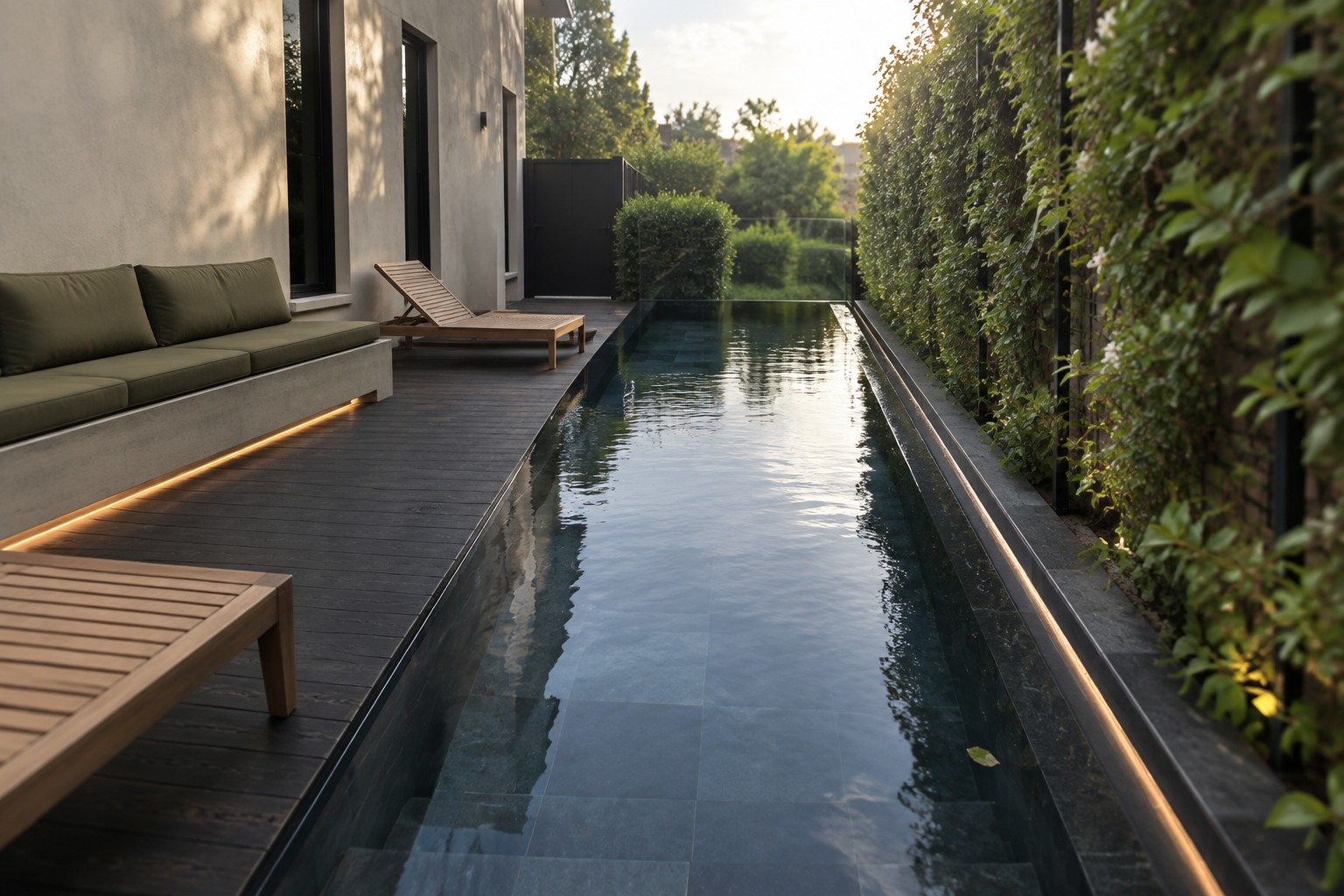 16 Smart Infinity Pool Designs for Narrow Yards A narrow rectangular lap pool with dark tile lining, a built-in bench with green cushions along the left concrete wall, and a tall vertical garden wall on the right, seen from a dark wood deck at sunset.