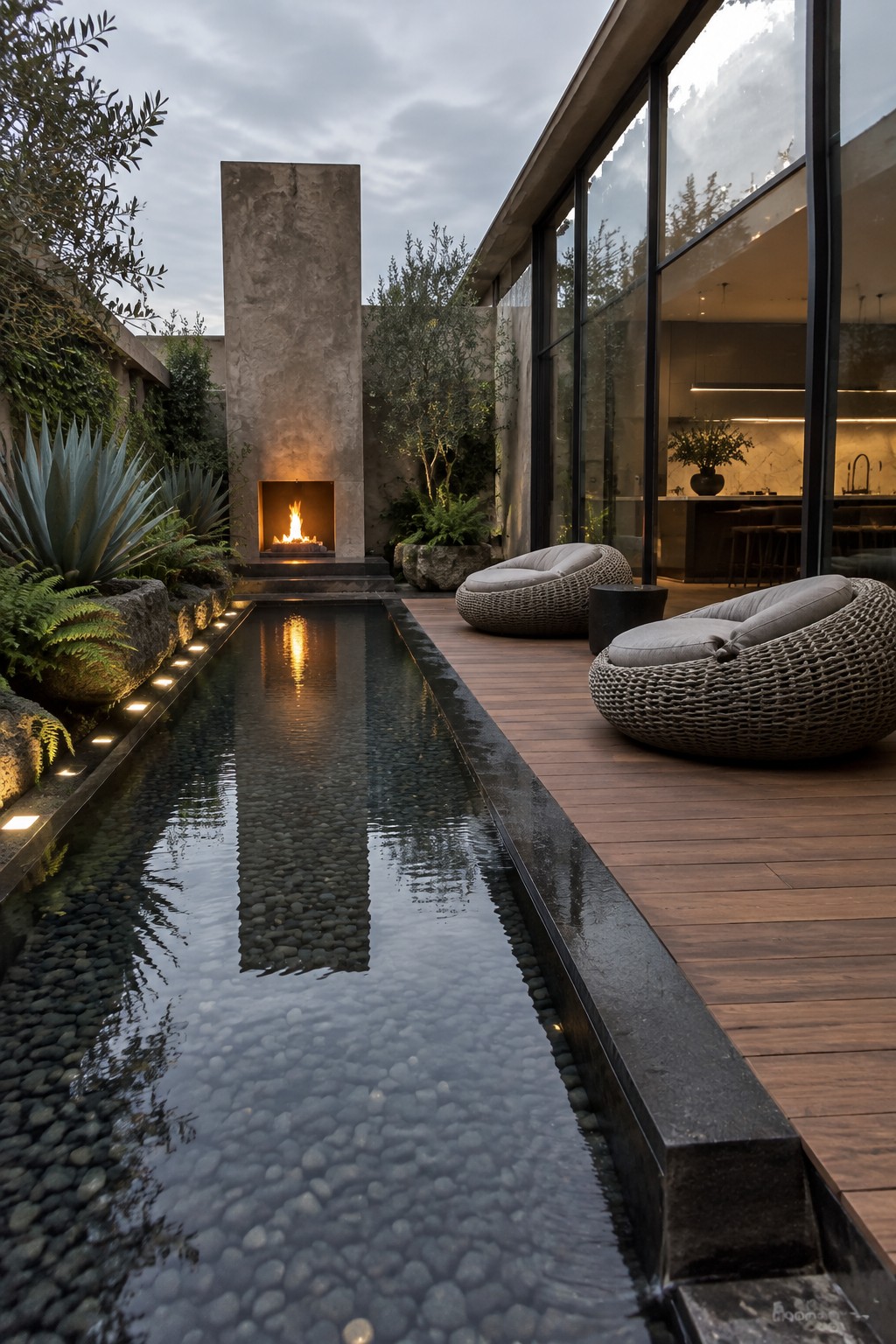 16 Smart Infinity Pool Designs for Narrow Yards A long narrow pool with a pebble bottom and inset lights runs beside a wooden deck with round woven chairs and a tall concrete fireplace at the end.