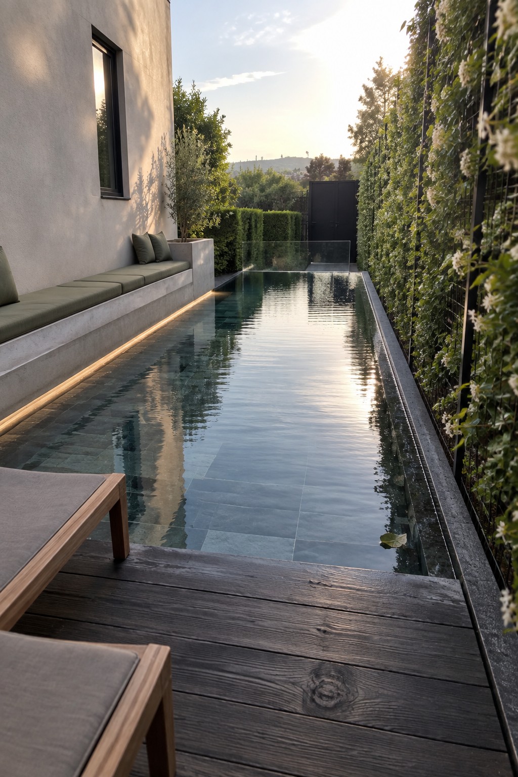 16 Smart Infinity Pool Designs for Narrow Yards A narrow rectangular lap pool with dark tile lining, a built-in bench with green cushions along the left concrete wall, and a tall vertical garden wall on the right, seen from a dark wood deck at sunset.