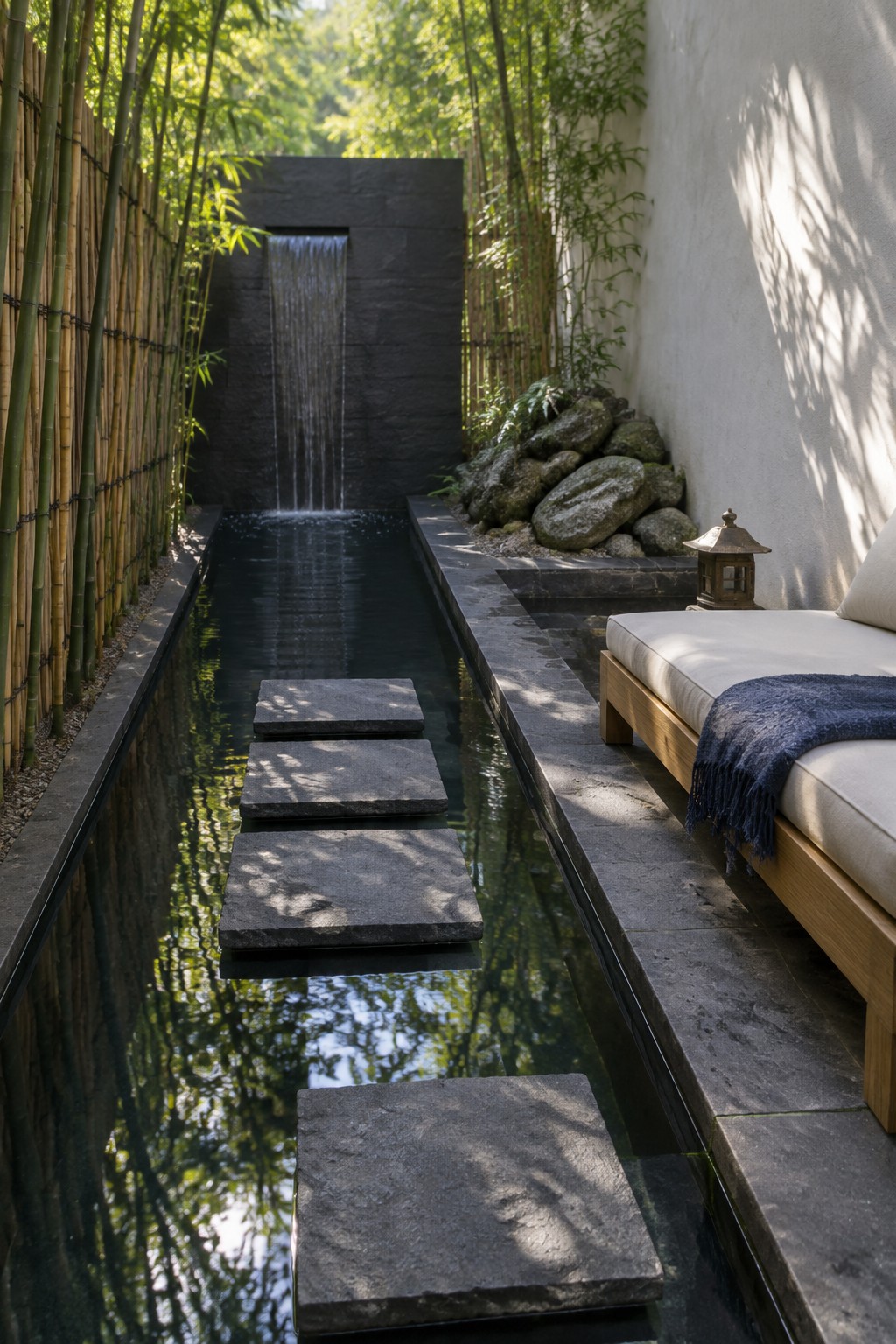 16 Smart Infinity Pool Designs for Narrow Yards A narrow dark water channel with four rectangular stepping stones, a small waterfall at the far end, bamboo fencing on the left, and a wooden daybed on the right.