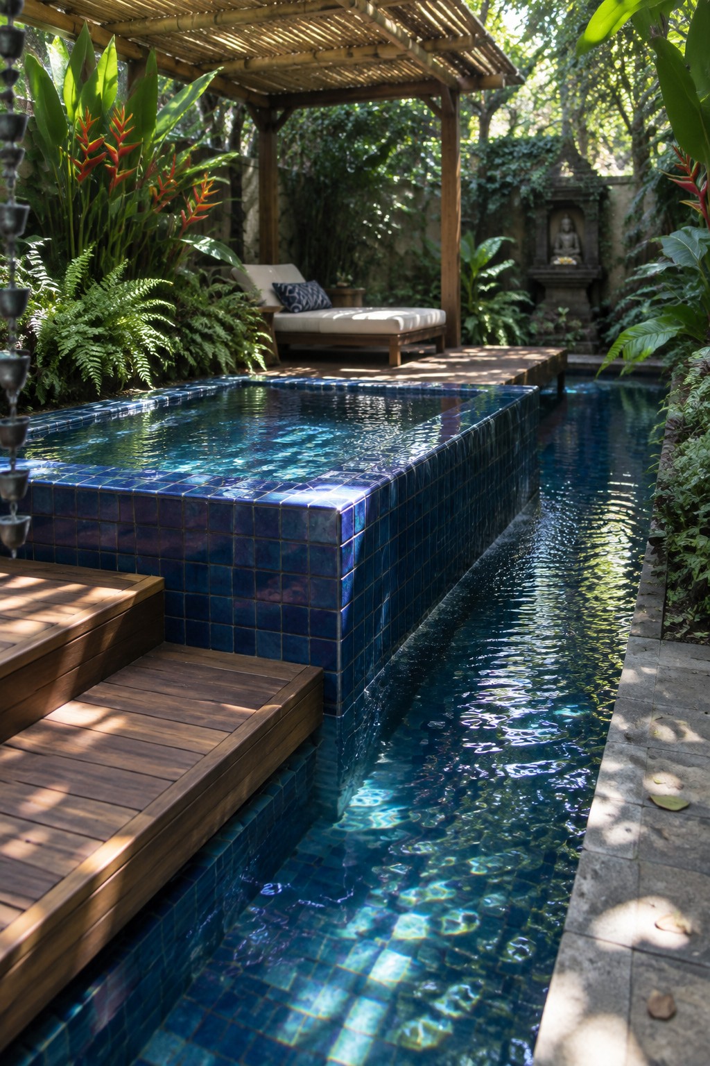 16 Smart Infinity Pool Designs for Narrow Yards Tropical garden with blue-tiled pool, wooden deck, lounge chair, and statue