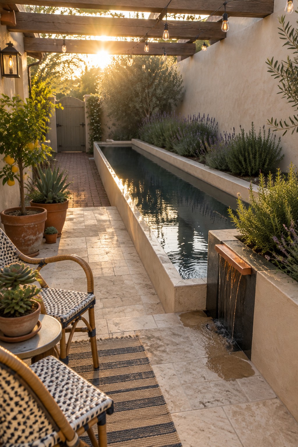 16 Smart Infinity Pool Designs for Narrow Yards A long narrow pool with a small waterfall at one end runs between a wall and a stone patio with chairs and potted plants.