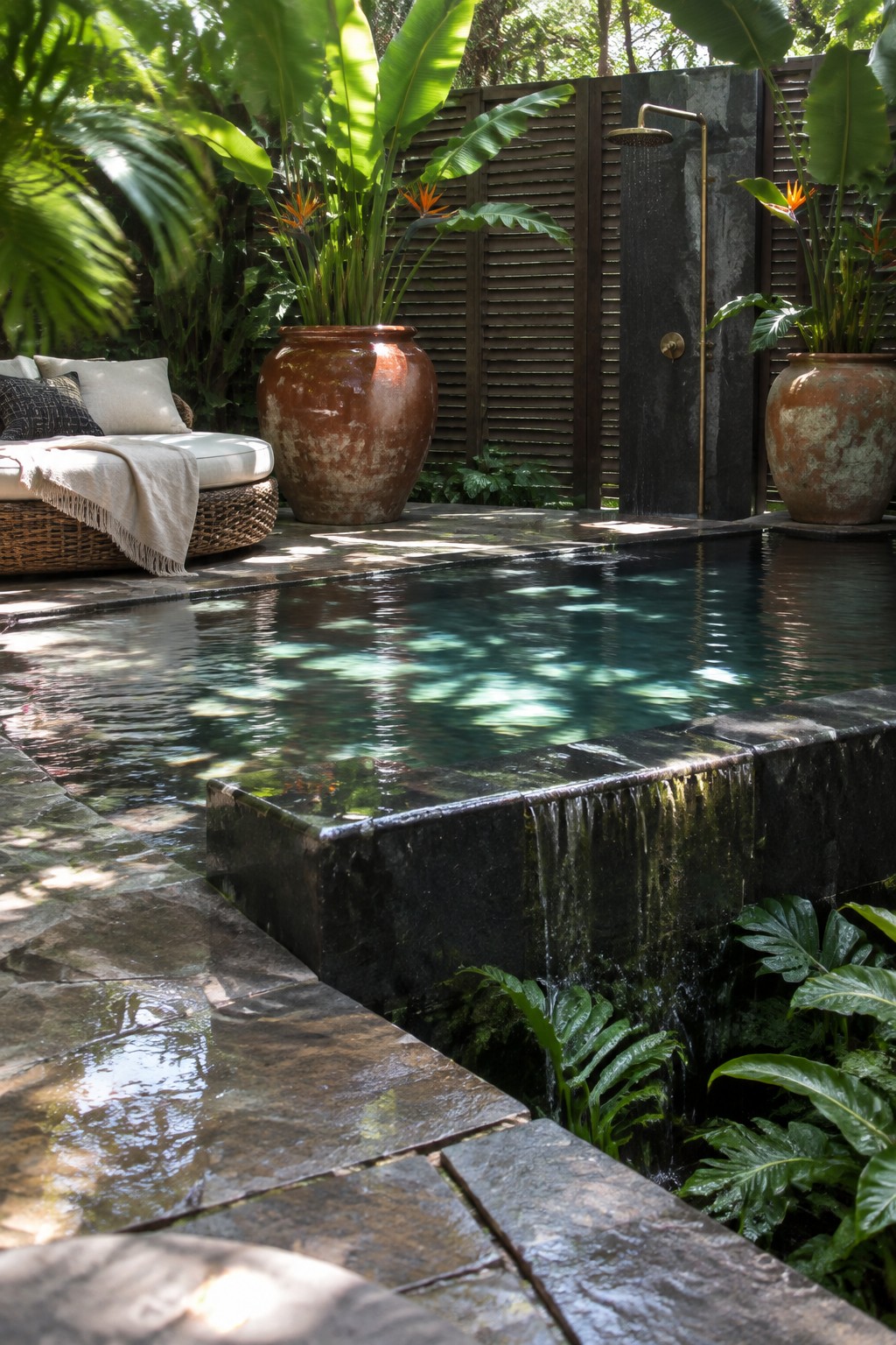 16 Smart Infinity Pool Designs for Narrow Yards Tropical plunge pool with stone waterfall, large potted plants, lounge chair, and outdoor shower