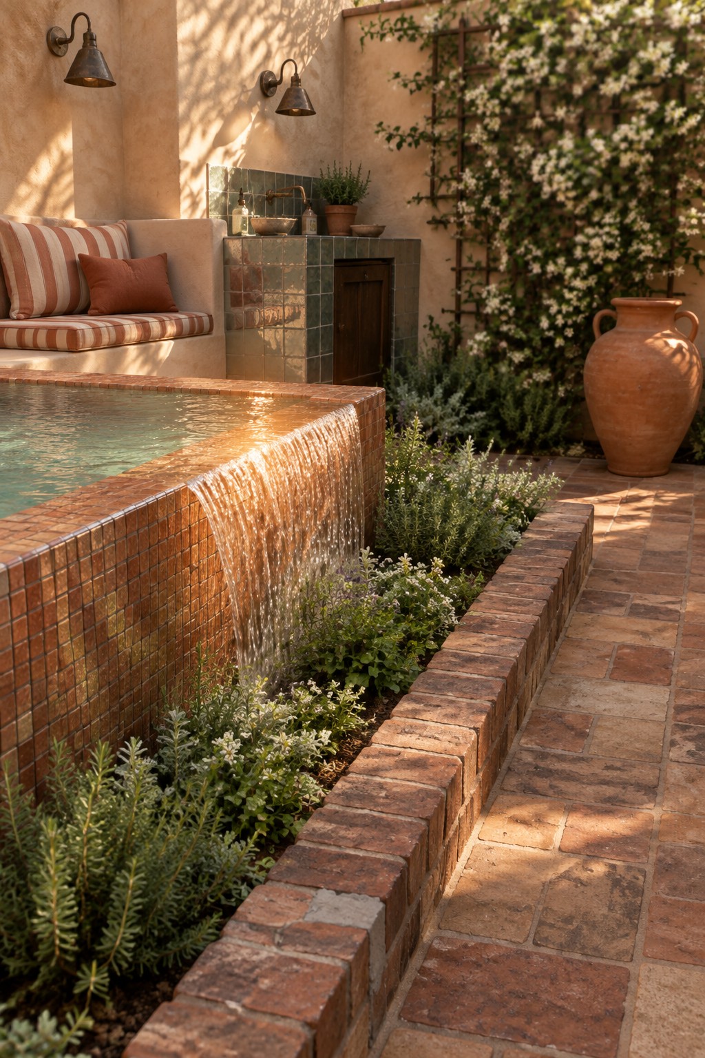 16 Smart Infinity Pool Designs for Narrow Yards Sunlit courtyard with brick-edged pool waterfall, terracotta tiles, plants, and large clay urn