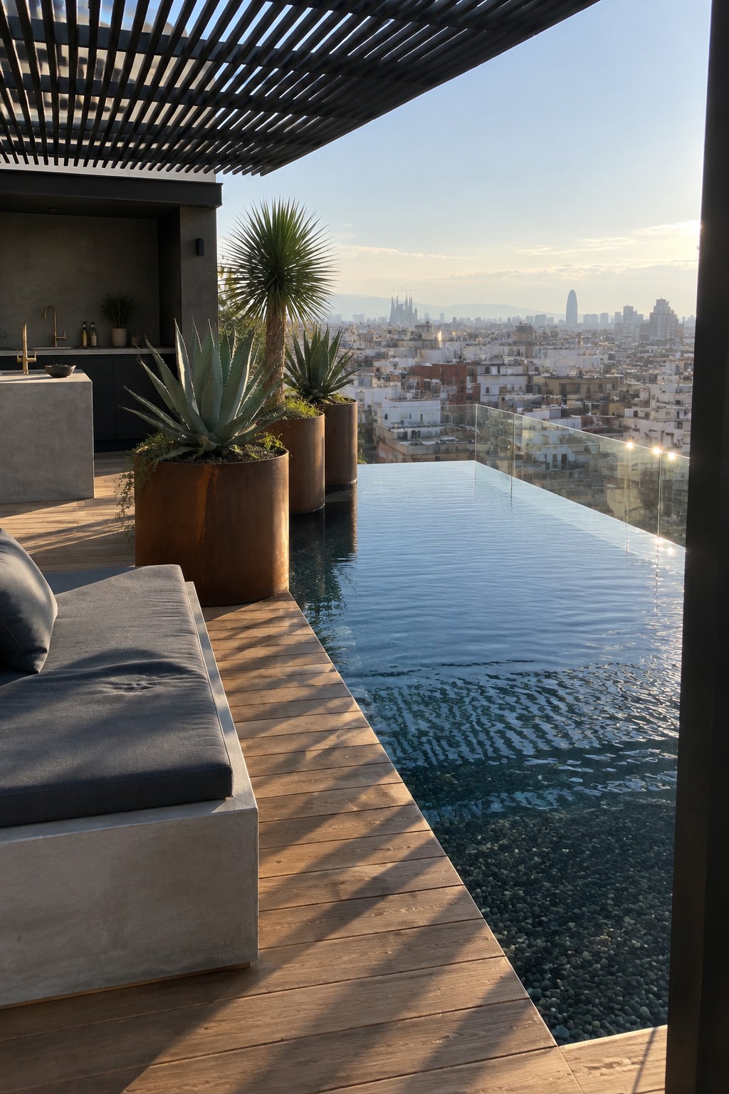 16 Smart Infinity Pool Designs for Narrow Yards A rooftop terrace features a long infinity pool with a glass edge barrier, wooden decking, large potted plants, and a distant city skyline view.