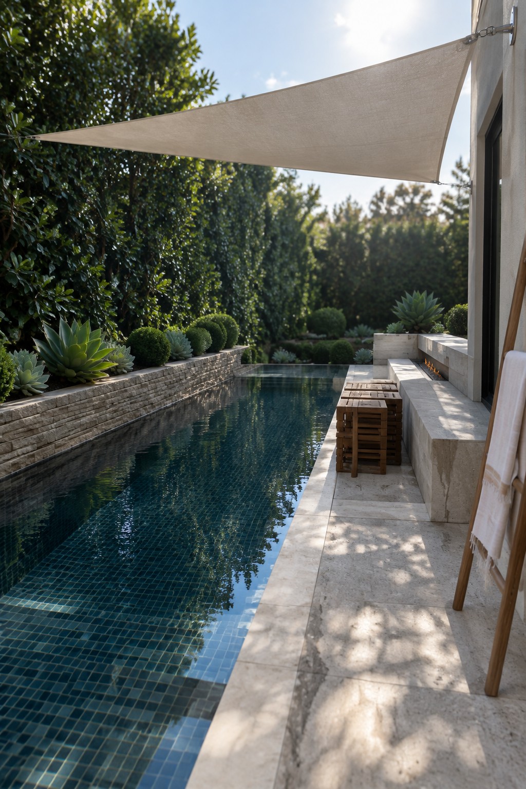 16 Smart Infinity Pool Designs for Narrow Yards A long narrow swimming pool with dark blue tiles runs beside a light stone patio under a beige triangular shade sail, with built-in seating, stacked wooden stools, and dense green landscaping along the far edge.