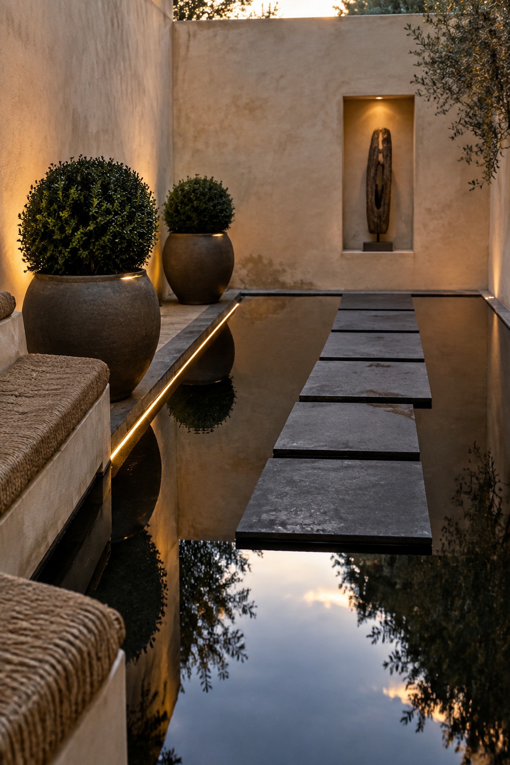16 Smart Infinity Pool Designs for Narrow Yards A narrow lap pool with rectangular stone stepping slabs crossing the water, bordered by large potted shrubs and a recessed wall niche holding a sculpture.