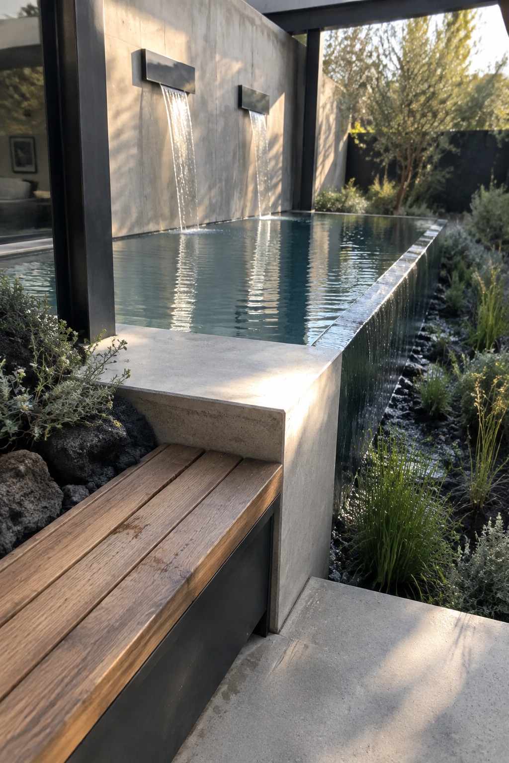 16 Smart Infinity Pool Designs for Narrow Yards A narrow rectangular pool with two wall-mounted water spouts on a concrete wall, a built-in wooden bench along the front edge, and a planted border with rocks on the right side.