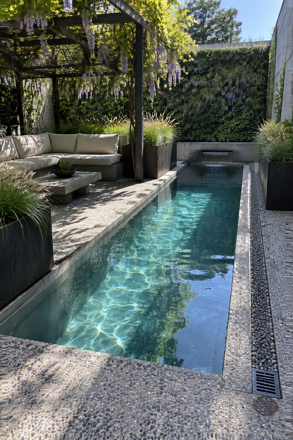 A narrow rectangular plunge pool with a built-in waterfall at the far end, bordered by concrete planters, a lounge sofa, and a gravel edge.